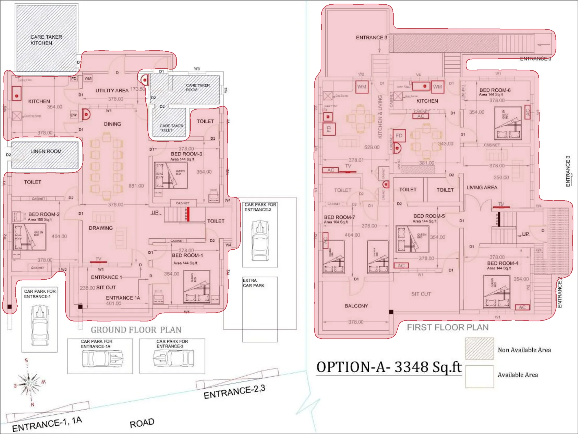 The architect's floor plan of the villa, with the 7 BHK villa marked in red