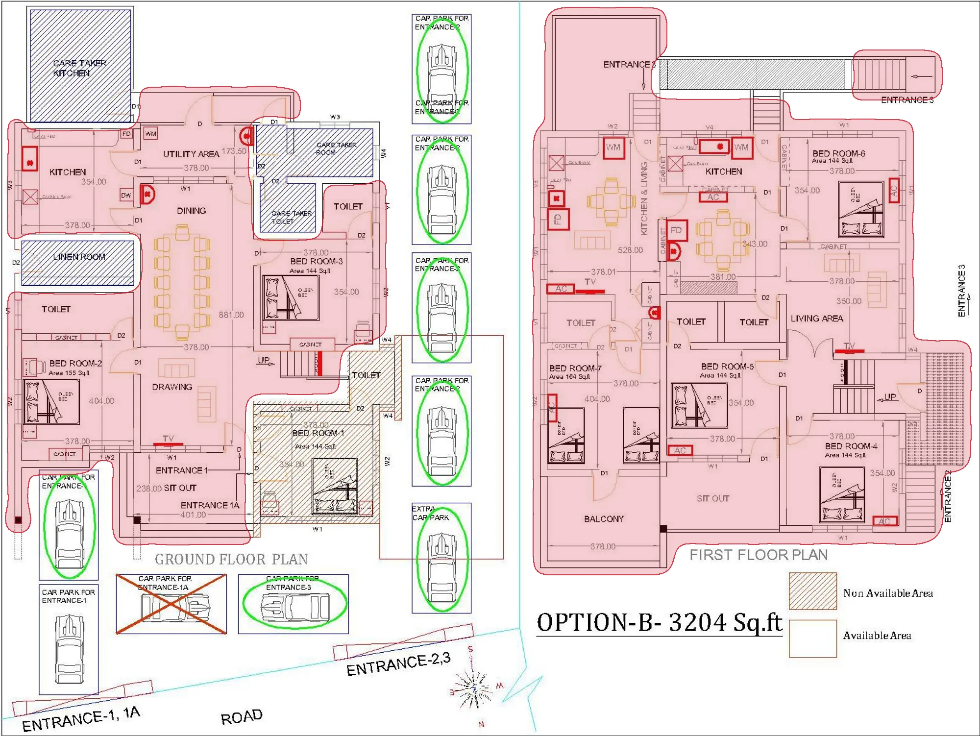 The architect's floor plan of the villa, with the 6 BHK B villa marked in red