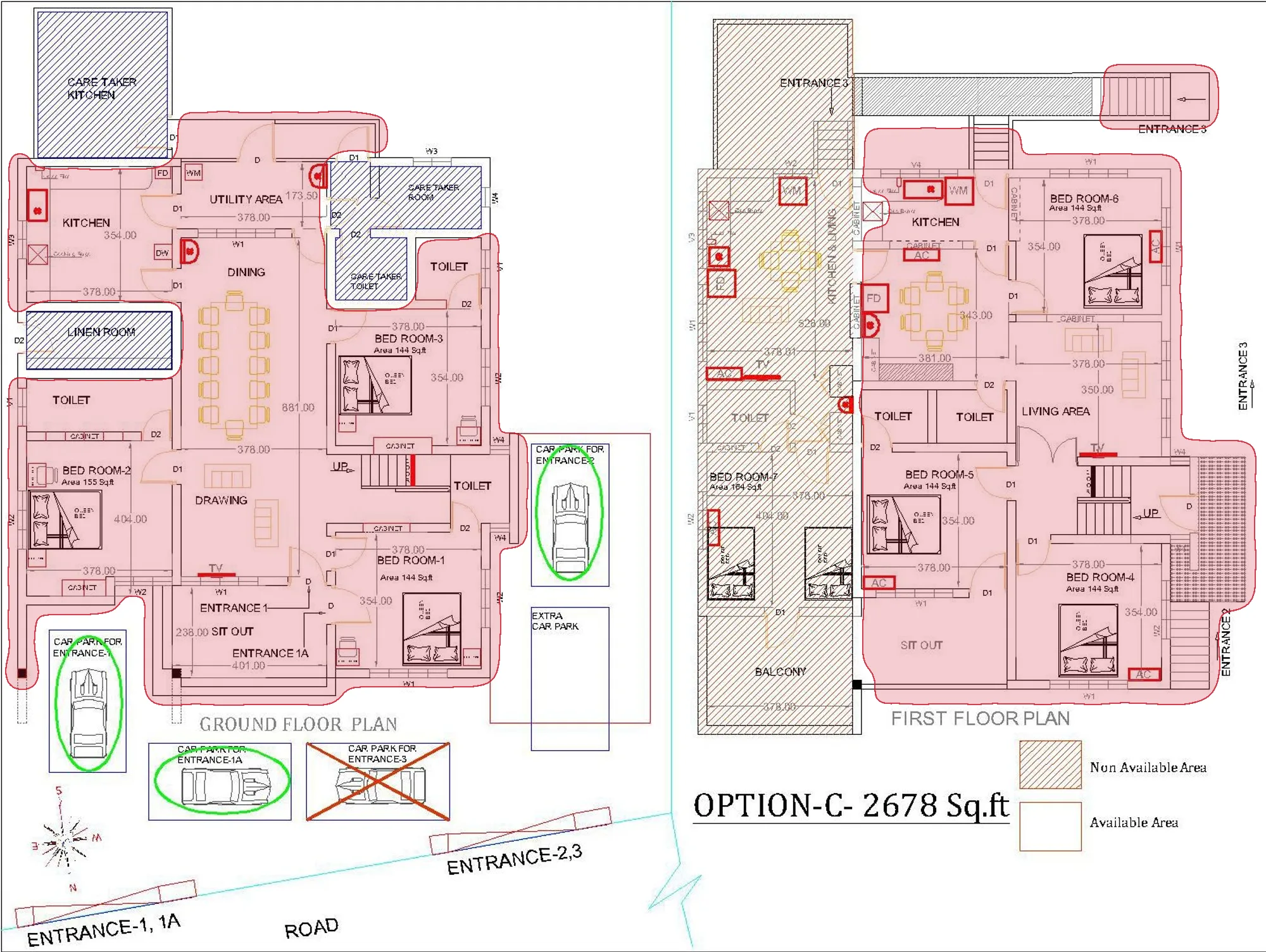 The architect's floor plan of the villa, with the 6 BHK S villa marked in red