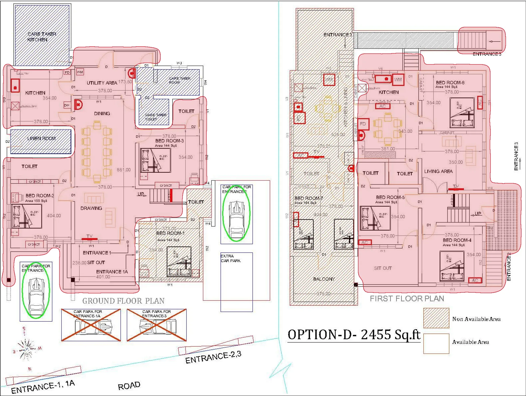 The architect's floor plan of the villa, with the 5 BHK villa marked in red