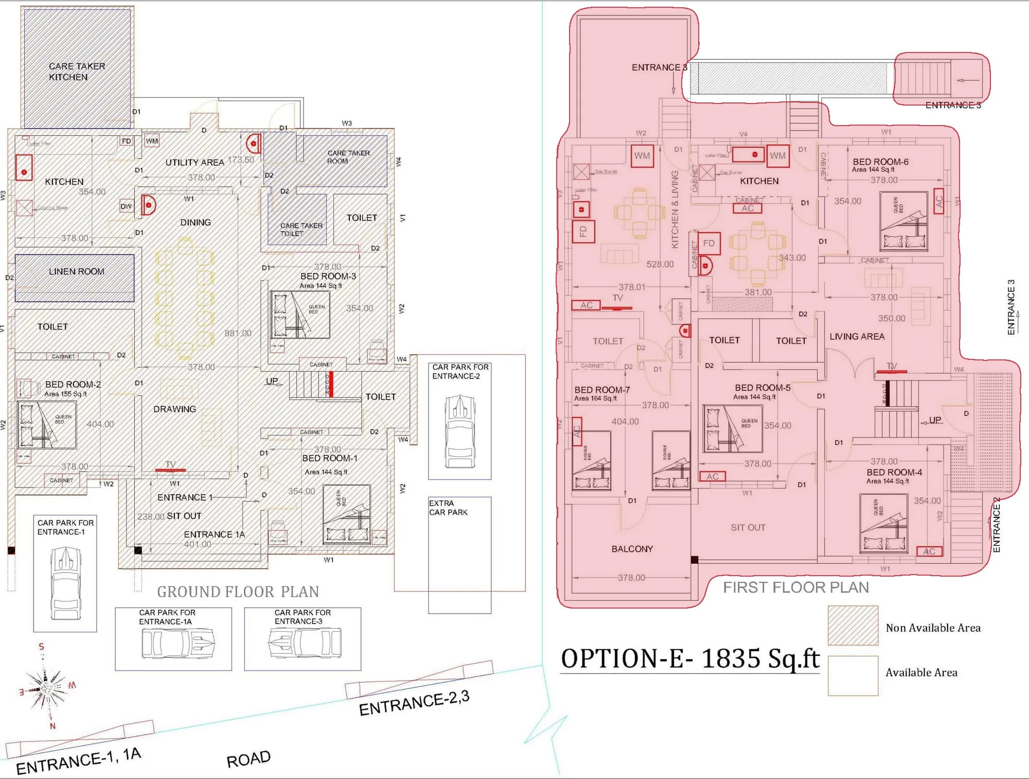 The architect's floor plan of the villa, with the 4 BHK villa, first floor marked in red