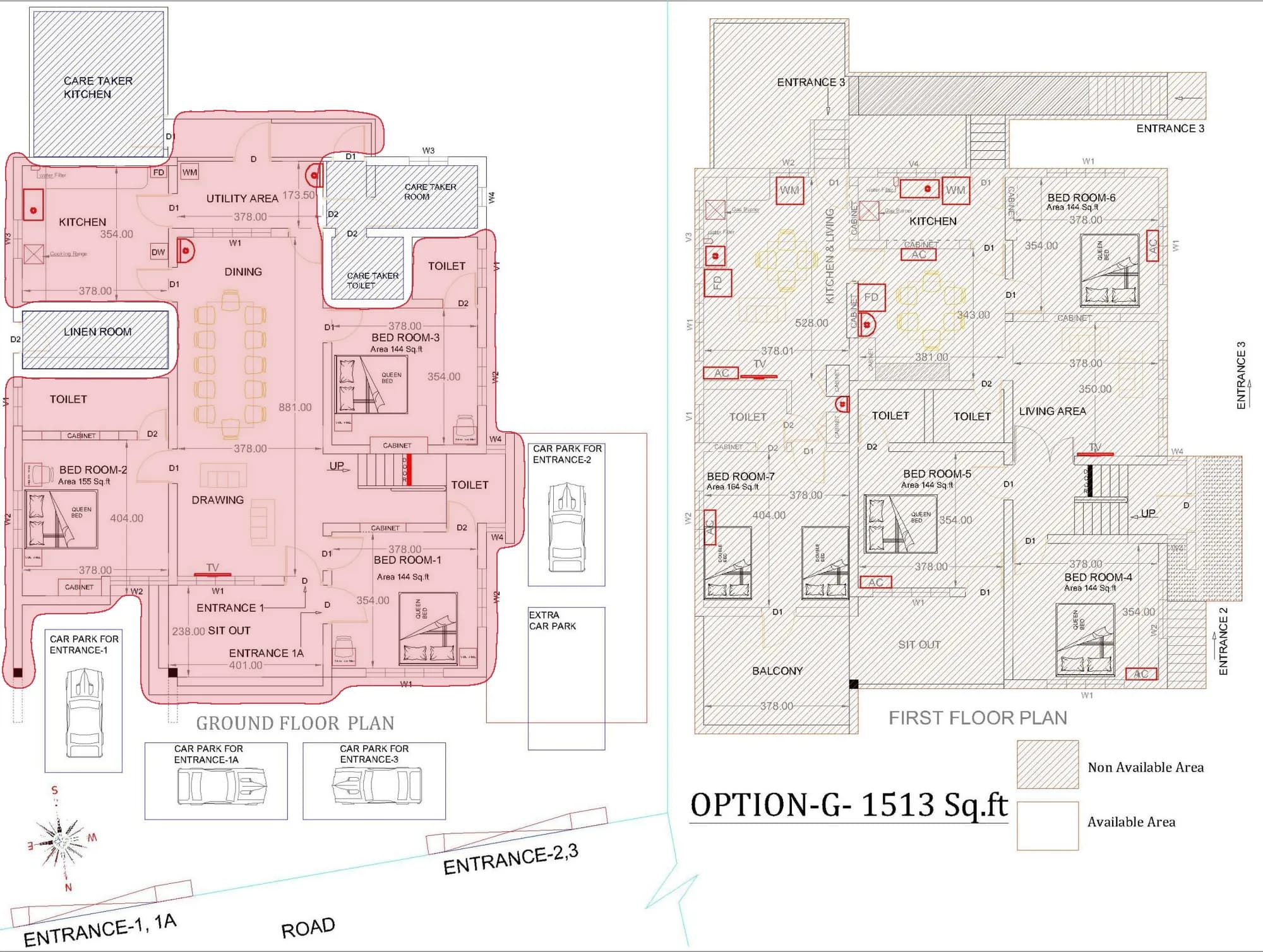 The architect's floor plan of the villa, with the 3 BHK villa, ground floor marked in red