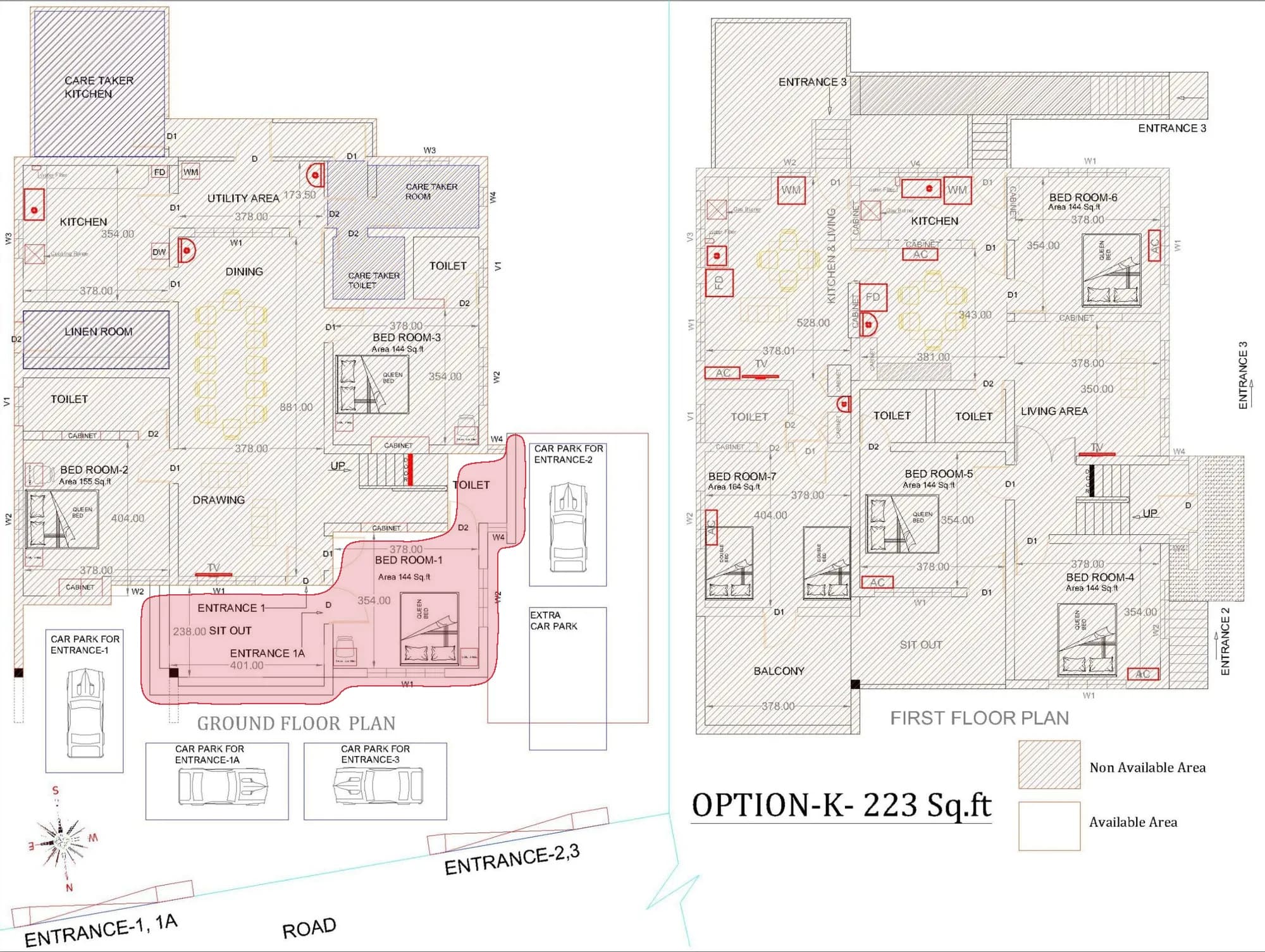 The architect's floor plan of the villa, with the 1 BR villa, ground floor marked in red