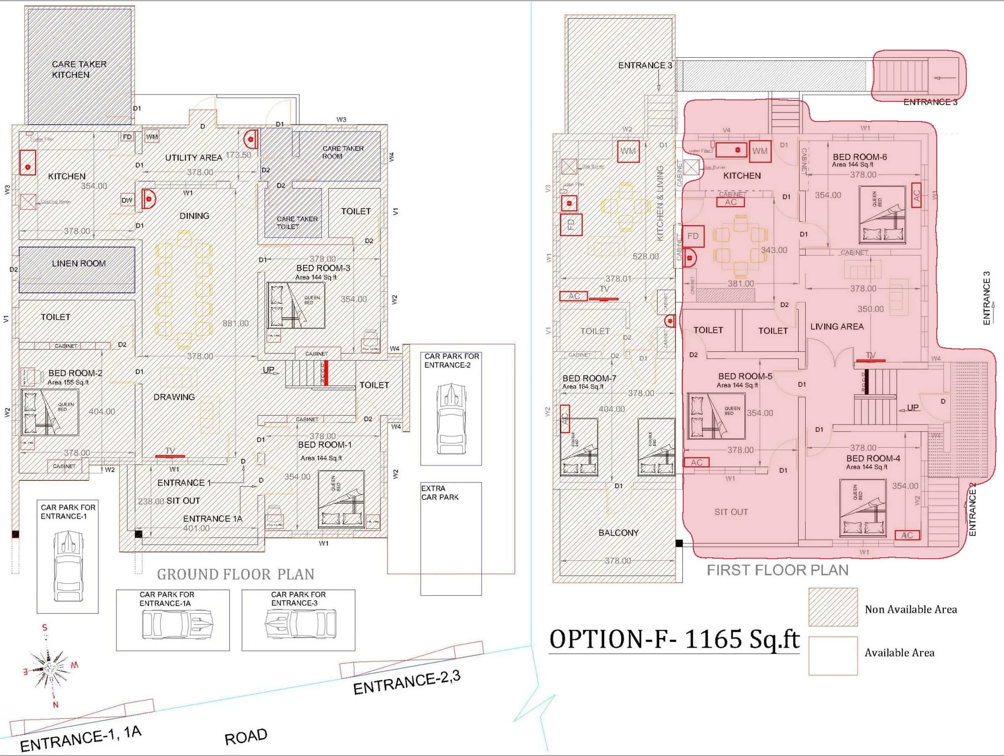 The architect's floor plan of the villa, with the 3 BHK villa, first floor marked in red