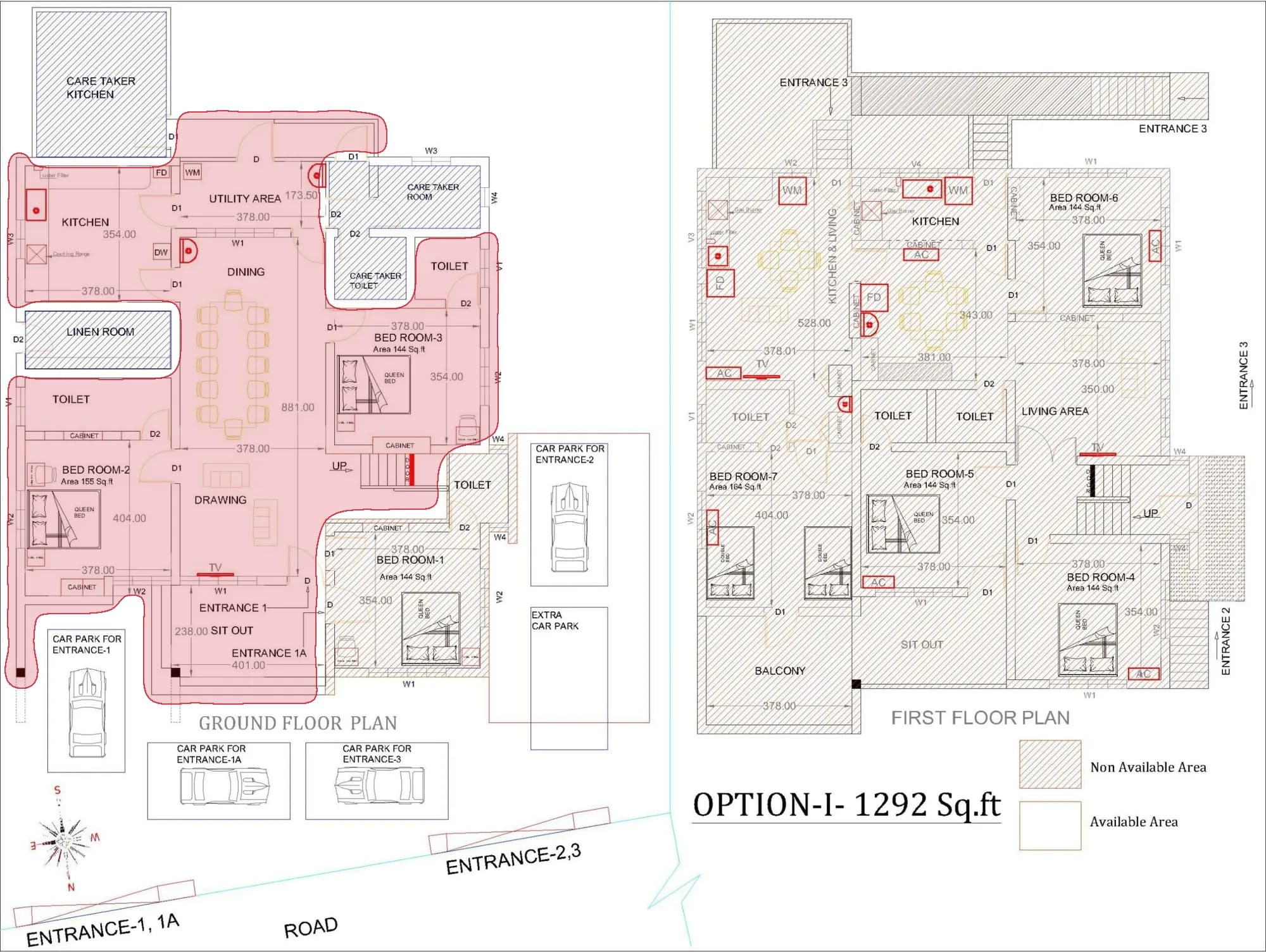 The architect's floor plan of the villa, with the 2 BHK villa, ground floor marked in red