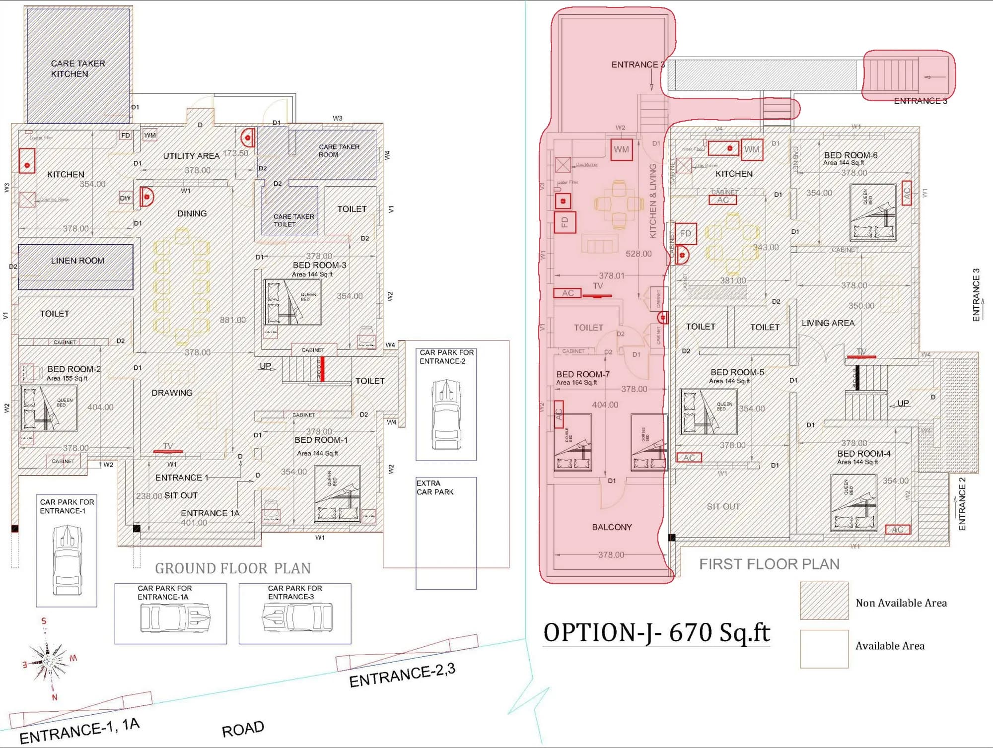 The architect's floor plan of the villa, with the 1 BHK villa, first floor marked in red