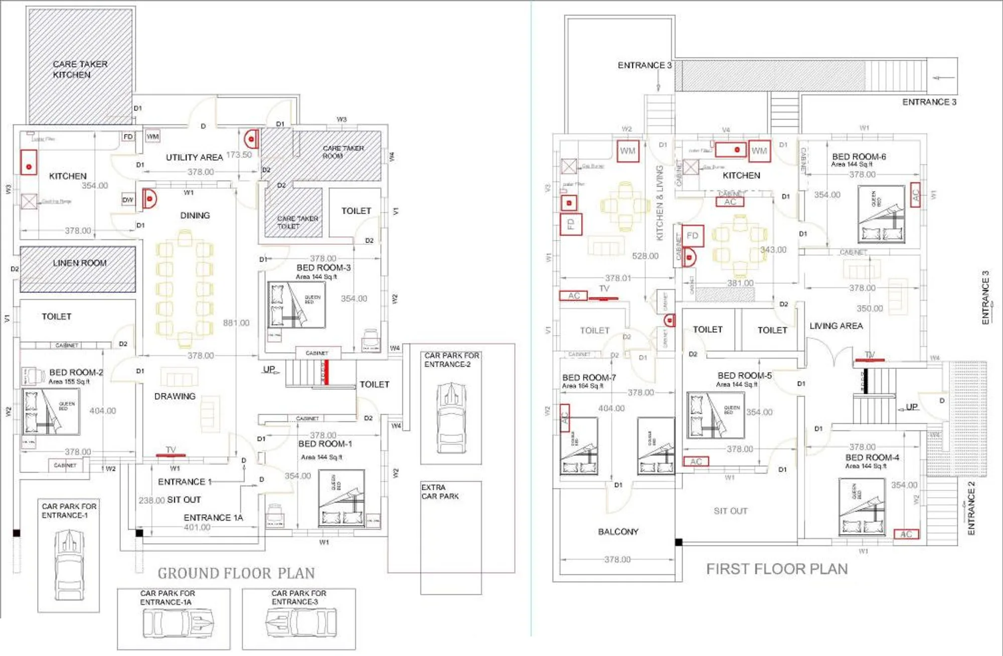 The architect's floor plan of the villa, ground and first floor
