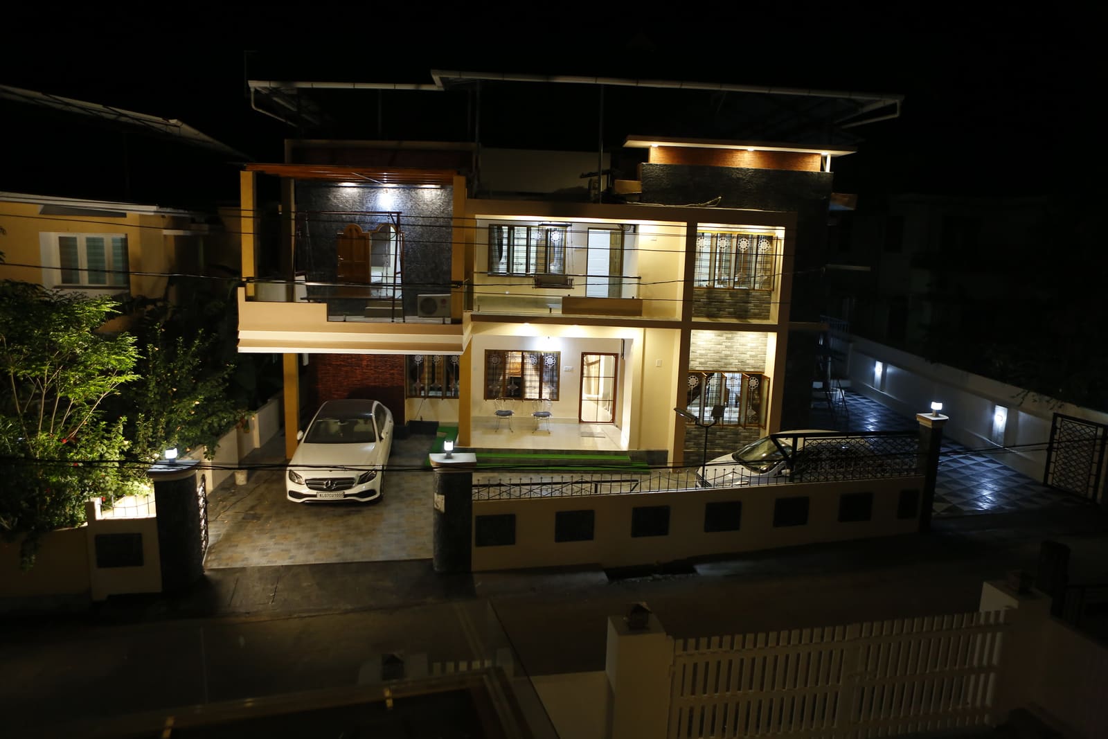 The frontage, lit at night